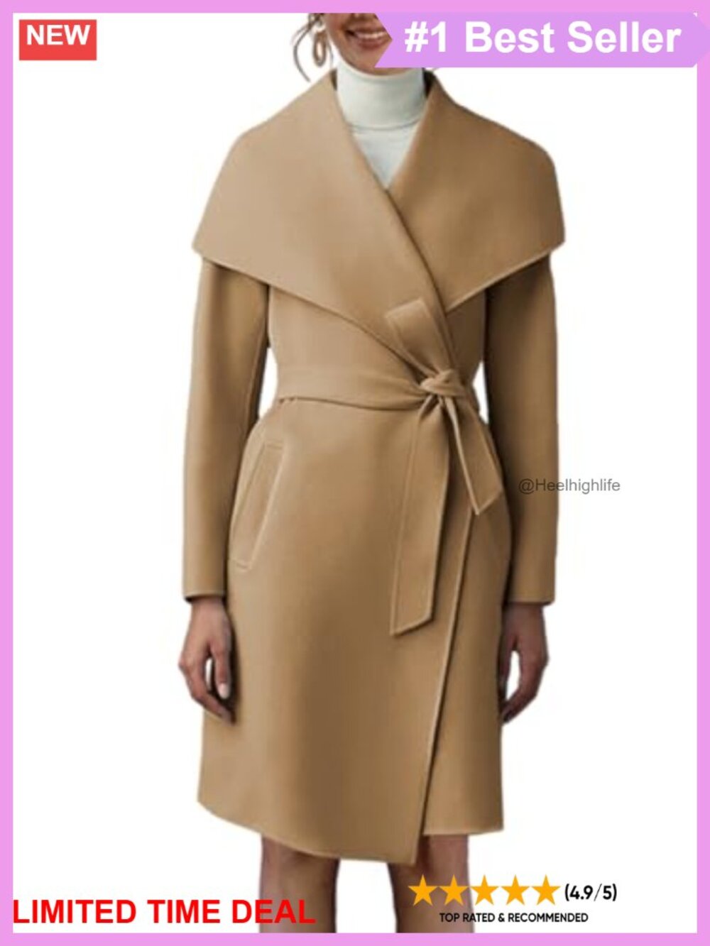 Women's Belted Pea Trench Coat Lapel Collar Long Jacket Pockets